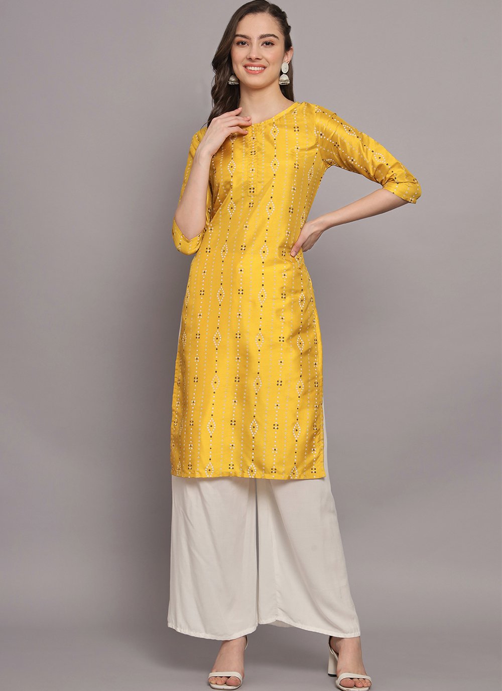 Shop Online Mustard Poly Silk Designer Kurti with Foil Print Work
