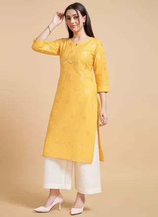 Mustard Polyester Foil Print Work Party Wear Kurti for Casual