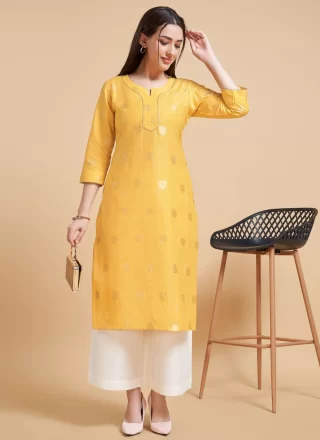 Mustard Polyester Foil Print Work Party Wear Kurti for Casual