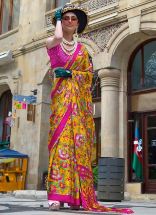 Mustard Print Work Satin Contemporary Sari