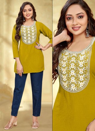 Mustard Rayon Designer Kurti with Embroidered Work for Casual