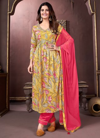 Mustard Rayon Print Work Salwar Suit for Women