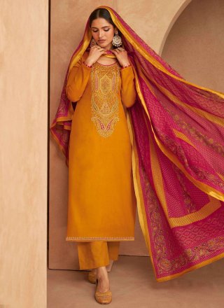 Mustard Satin Salwar Suit with Embroidered Work for Women