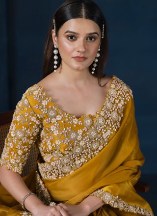 Mustard Satin Silk Embroidered, Stone and Thread Work Classic Sari
