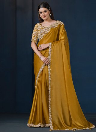 Mustard Satin Silk Embroidered, Stone and Thread Work Classic Sari