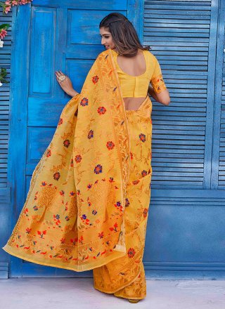 Mustard Silk Blend Trendy Saree with Jacquard and Woven Work for Casual