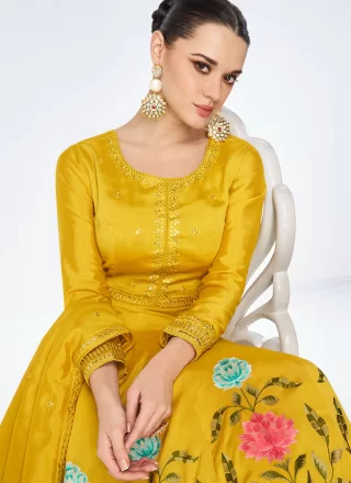 Mustard Silk Embroidered and Sequins Work  Designer Gown