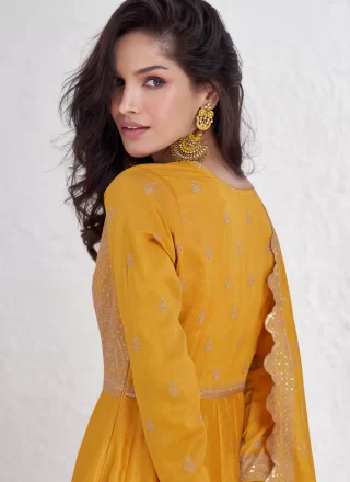 Mustard Silk Embroidered and Sequins Work Gown for Ceremonial