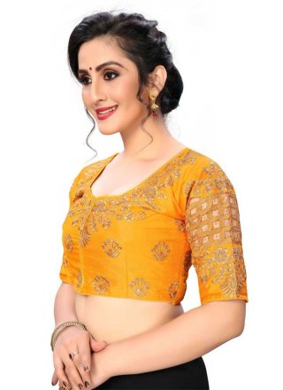 Mustard Silk Embroidered and Stone Work Blouse for Ceremonial
