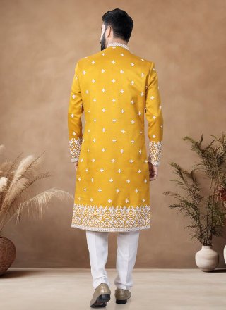 Mustard Silk Embroidered, Sequins and Thread Work Indo Western for Ceremonial