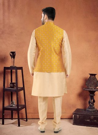 Mustard Silk Kurta Payjama with Jacket with Print Work for Men