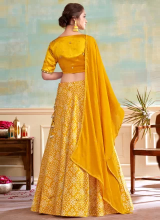 Mustard Silk Readymade Lehenga Choli with Embroidered and Mirror Work for Engagement