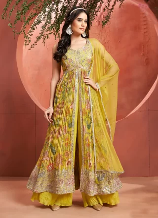 Mustard Silk Salwar Suit with Embroidered and Print Work