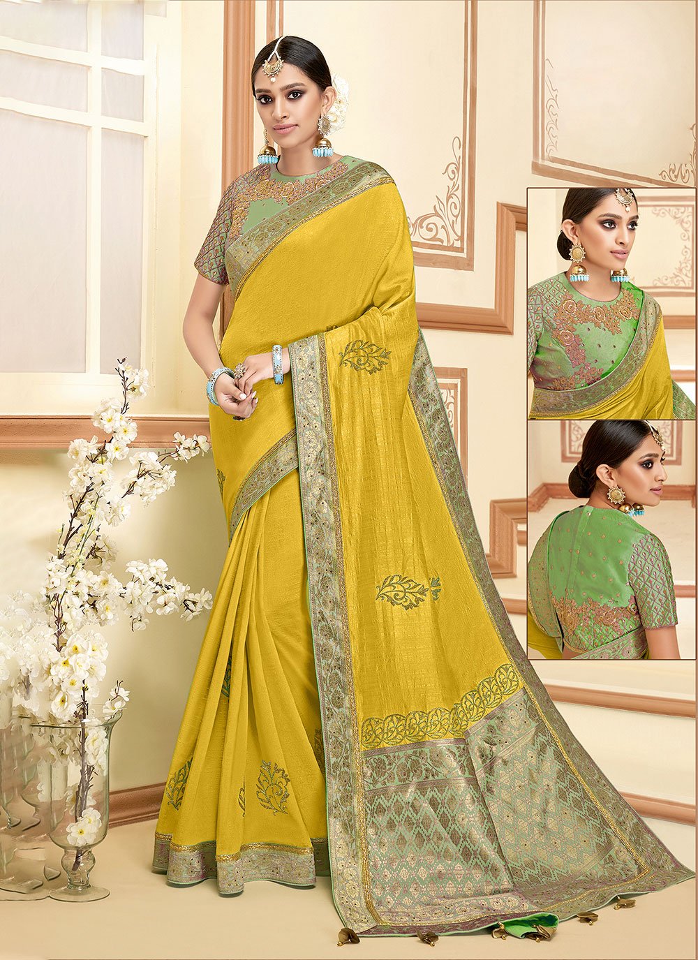 Shop Yellow - Off-white Dual Toned Organza Saree Online in USA – Pure  Elegance