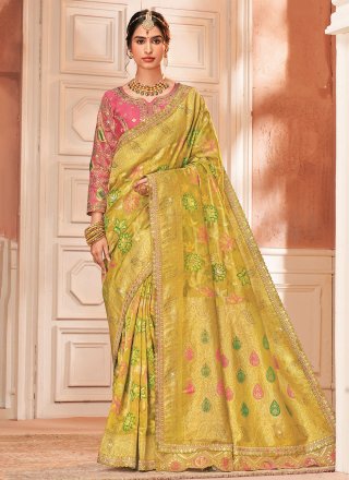 Mustard Silk Trendy Saree with Embroidered and Weaving Work for Party
