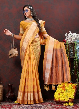 Mustard Soft Cotton Weaving Work Contemporary Sari for Ceremonial