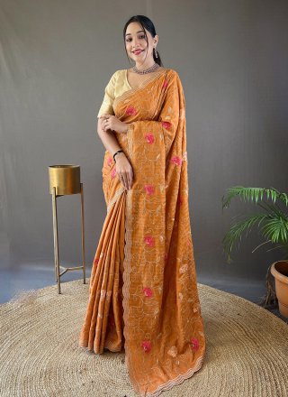 Mustard Tussar Silk Embroidered Work Traditional Saree for Women