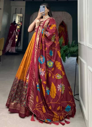 Mustard Tussar Silk Gown with Foil Print Work for Ceremonial