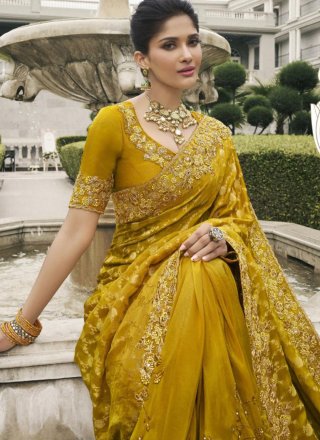 Mustard Tussar Silk Patch Border, Embroidered, Moti, Stone, Weaving and Zari Work Trendy Saree