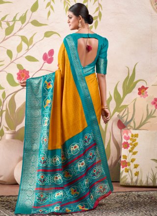 Mustard Tussar Silk Patch Border, Patola Print and Weaving Work Designer Saree