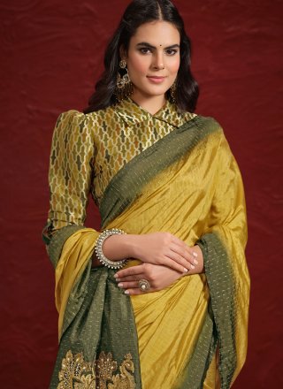 Mustard Uppada Silk Trendy Saree with Embroidered and Moti Work for Women