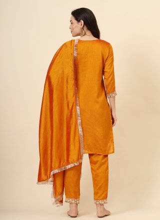 Mustard Vichitra Silk Embroidered Work Pant Style Suit for Casual