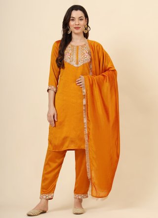 Mustard Vichitra Silk Embroidered Work Pant Style Suit for Casual