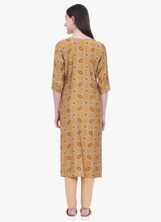 Mustard Viscose Print Work Casual Kurti for Women