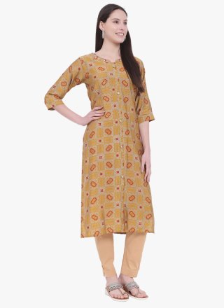 Mustard Viscose Print Work Casual Kurti for Women