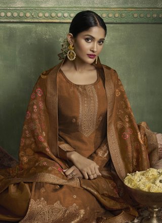 Mustard Viscose Trendy Suit with Jacquard and Zari Work for Ceremonial