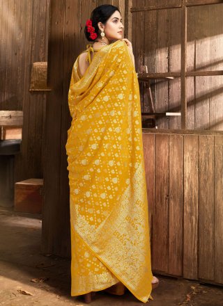 Mustard Woven Work Georgette Designer Sari