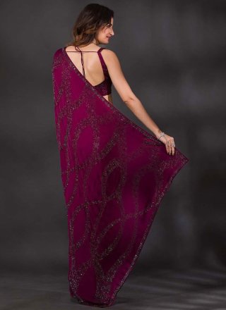 Mystical Wine Faux Crepe Trendy Saree with Fancy Work