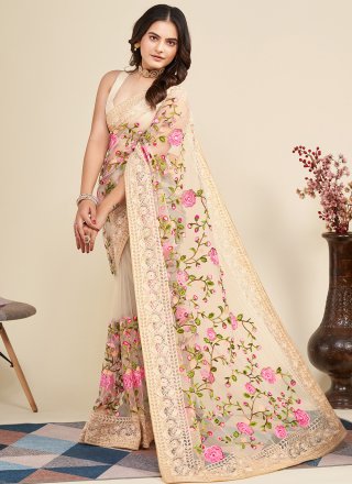 Net Classic Sari In Cream