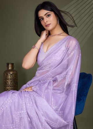 Net Contemporary Saree In Lavender