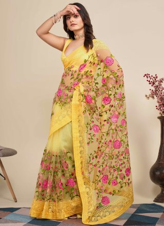 Net Contemporary Saree In Yellow