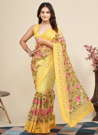Net Contemporary Saree In Yellow