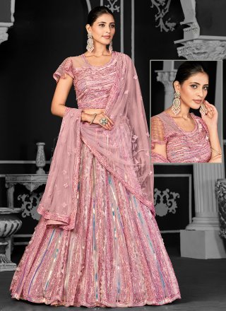 Net Lehenga Choli with Cord, Embroidered and Sequins Work