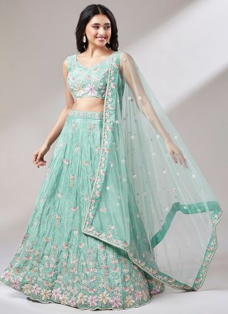 Net Lehenga Choli with Cord, Embroidered, Mirror, Sequins and Thread Work