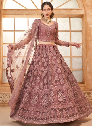 Net Lehenga Choli with Cord, Floral Patch, Stone and Thread Work