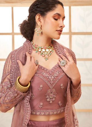 Net Lehenga Choli with Cord, Floral Patch, Stone and Thread Work
