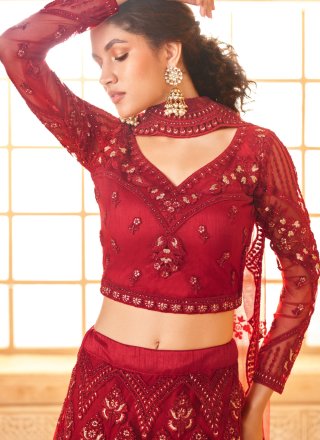 Net Lehenga Choli with Cord, Floral Patch, Stone and Thread Work