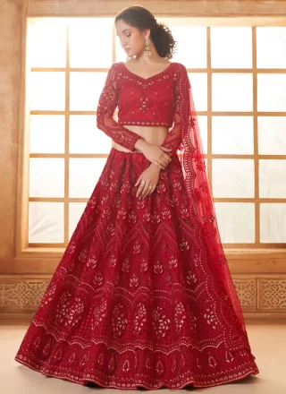 Net Lehenga Choli with Cord, Floral Patch, Stone and Thread Work