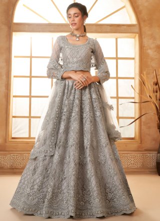 Net Lehenga Choli with Cord, Floral Patch, Stone and Thread Work