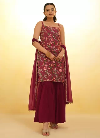 Net Salwar Suit In Maroon