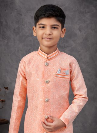 Off White and Orange Banarasi Silk Buttons and Thread Work Indo Western Sherwani
