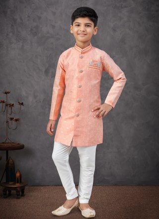 Off White and Orange Banarasi Silk Buttons and Thread Work Indo Western Sherwani