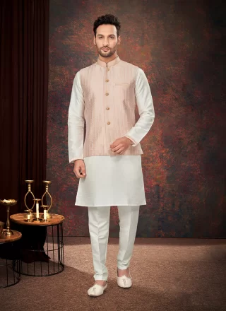 Off White and Peach Jacquard Fancy Work Kurta Payjama with Jacket for Engagement