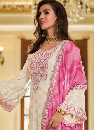 Off White and Pink Chinon Salwar Suit with Embroidered Work for Ceremonial