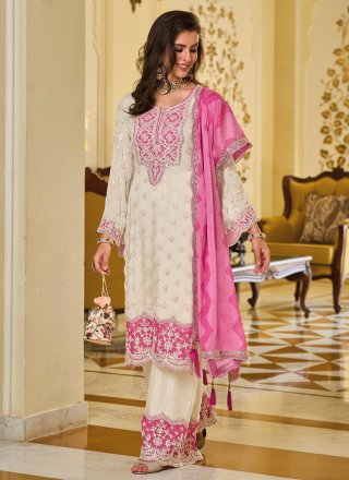 Off White and Pink Chinon Salwar Suit with Embroidered Work for Ceremonial
