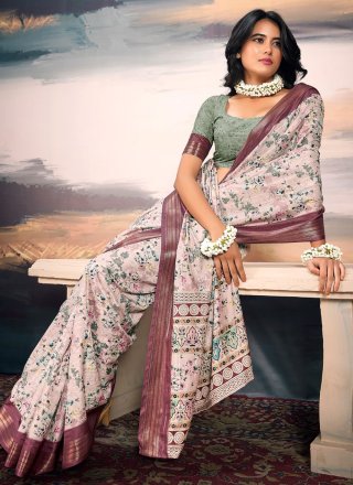 Off White and Pink Cotton Silk Designer Saree